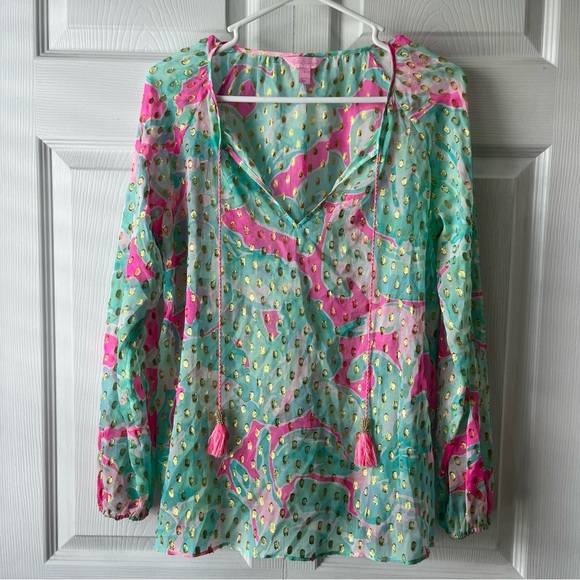 Lilly Pulitzer Rilla Sheer Tropical Pink Sands with Gold Metallic Blouse - Small - Picture 2 of 6